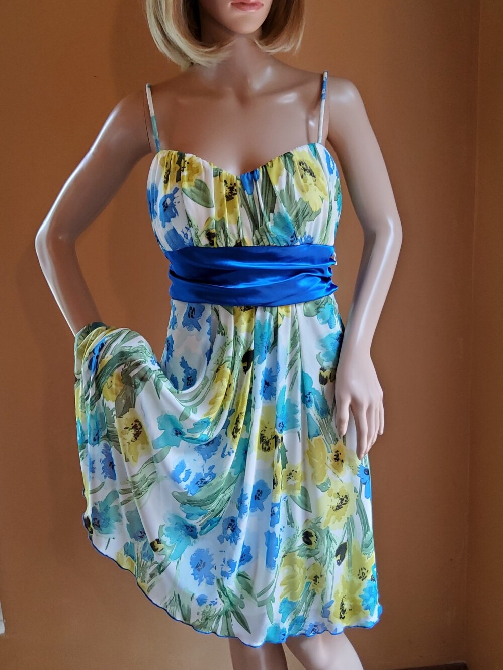 Jolie Blue Yellow Floral Chiffon Prom Dress with Royal Blue Sash